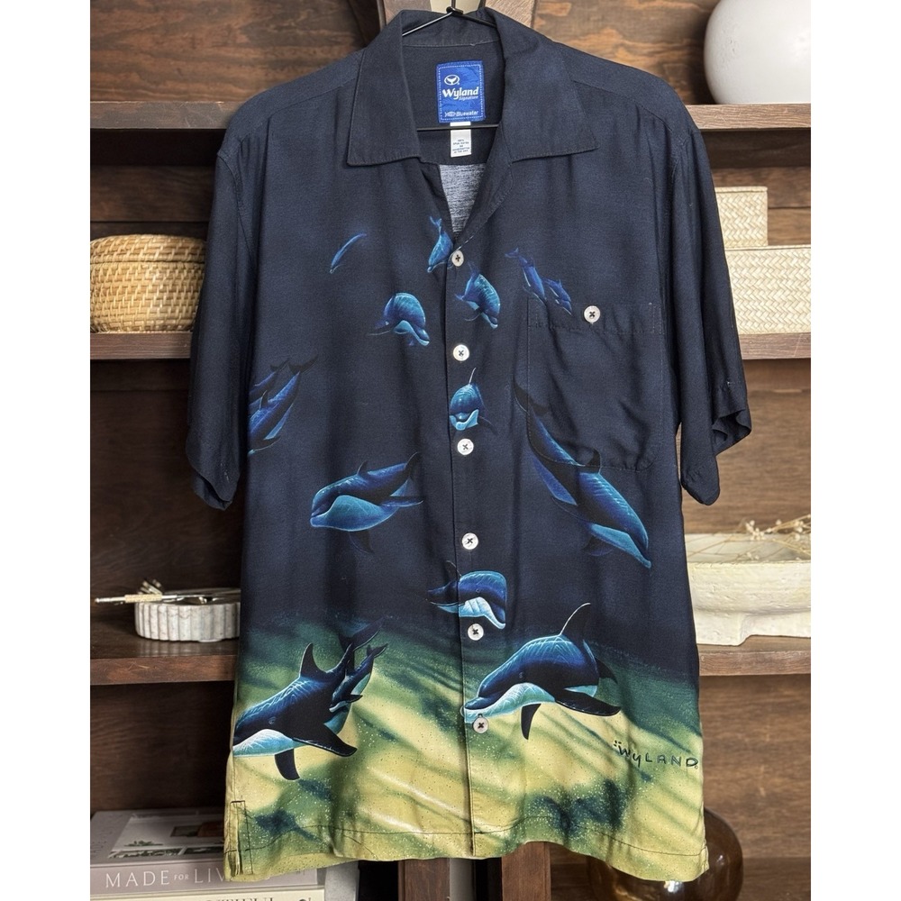 90s Vintage Wyland Dolphin Shirt Men's L USA Hawaiian Ocean Marine Art Rayon
